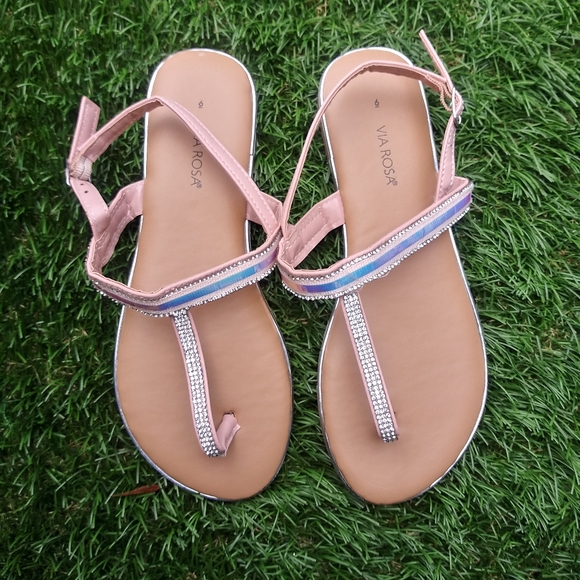 Via Rosa Crystal Embellished T-Strap Shoes Sandals - Picture 1 of 6